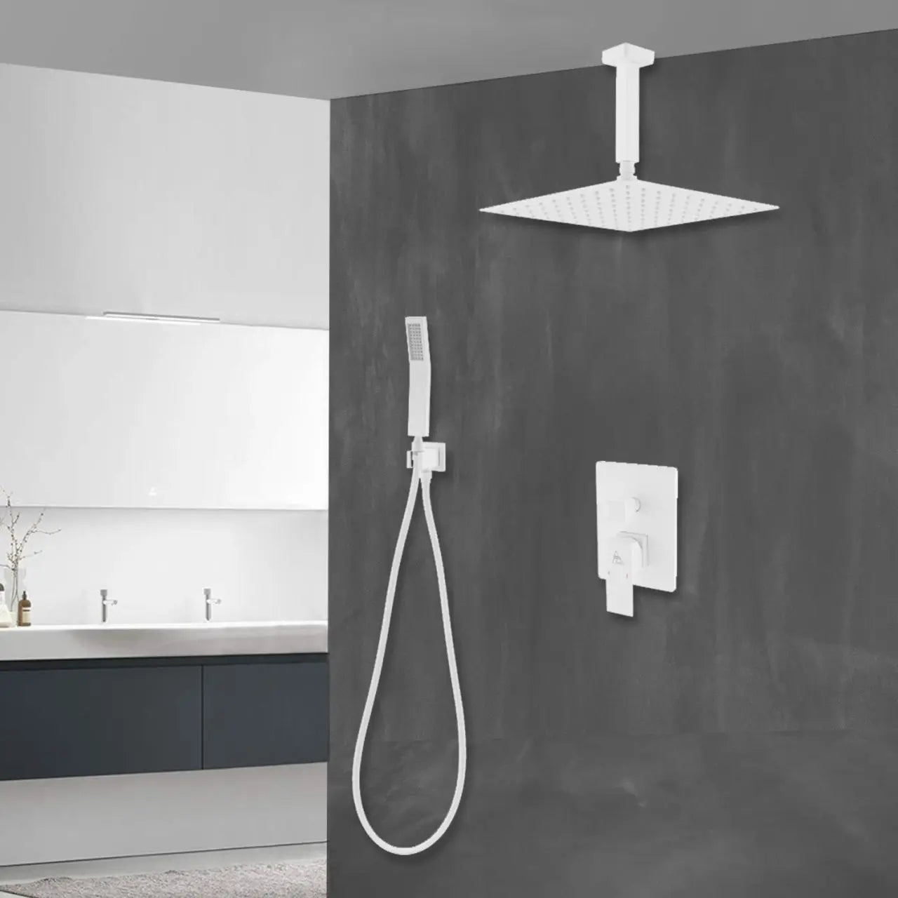 Kube Bath Aqua Piazza White Shower Set W/ 12″ Ceiling Mount Square Rain Shower and Handheld - Plumbing Market