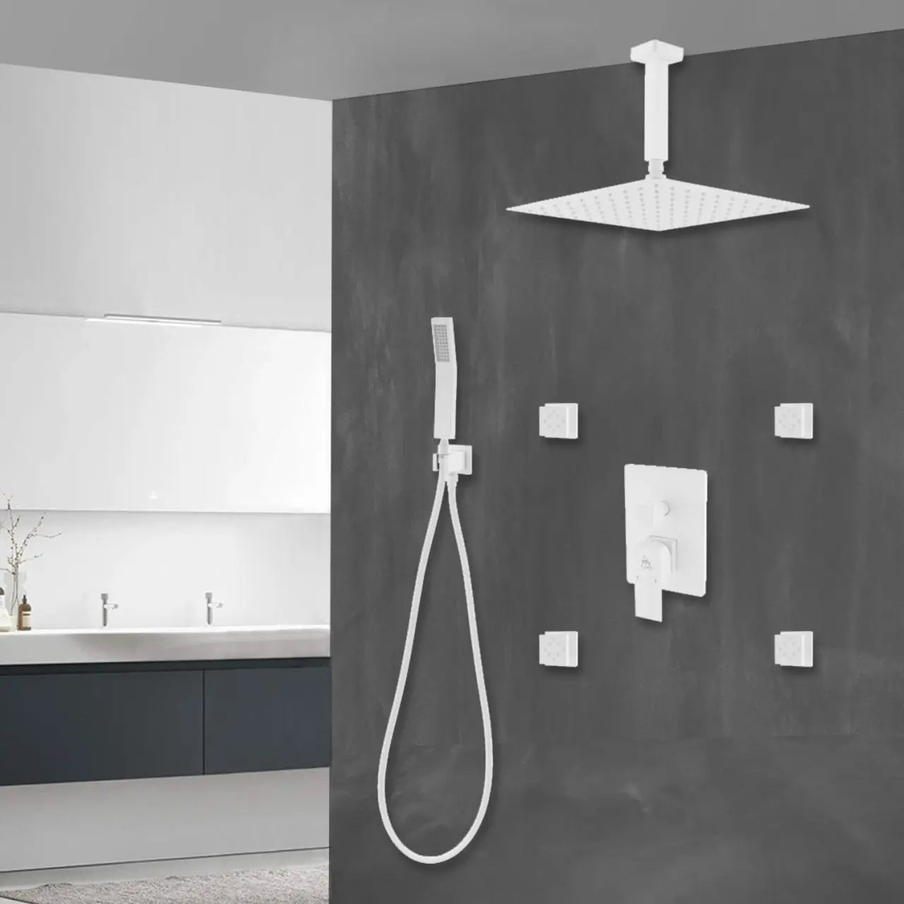Kube Bath Aqua Piazza White Shower Set W/ 12″ Ceiling Mount Square Rain Shower, 4 Body Jets and Handheld - Plumbing Market