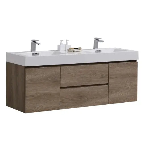 Kube Bath Bliss 60″ Butternut Wall Mount Double Sink Modern Bathroom Vanity - Plumbing Market