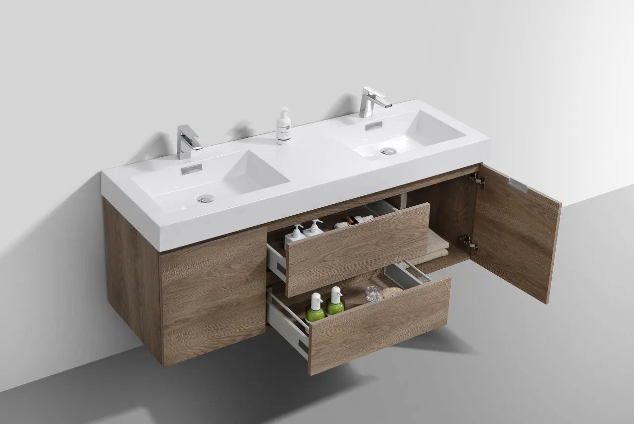 Kube Bath Bliss 60″ Butternut Wall Mount Double Sink Modern Bathroom Vanity - Plumbing Market
