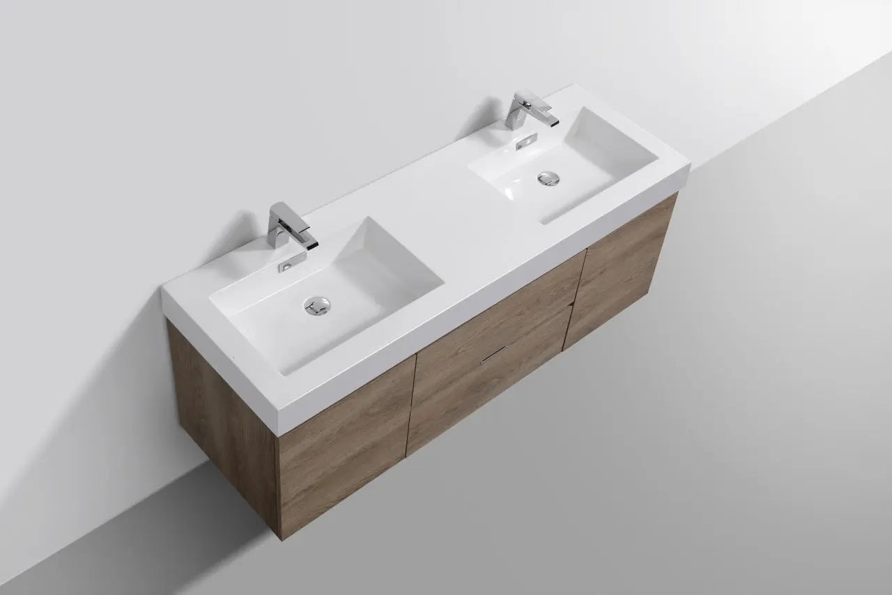 Kube Bath Bliss 60″ Butternut Wall Mount Double Sink Modern Bathroom Vanity - Plumbing Market