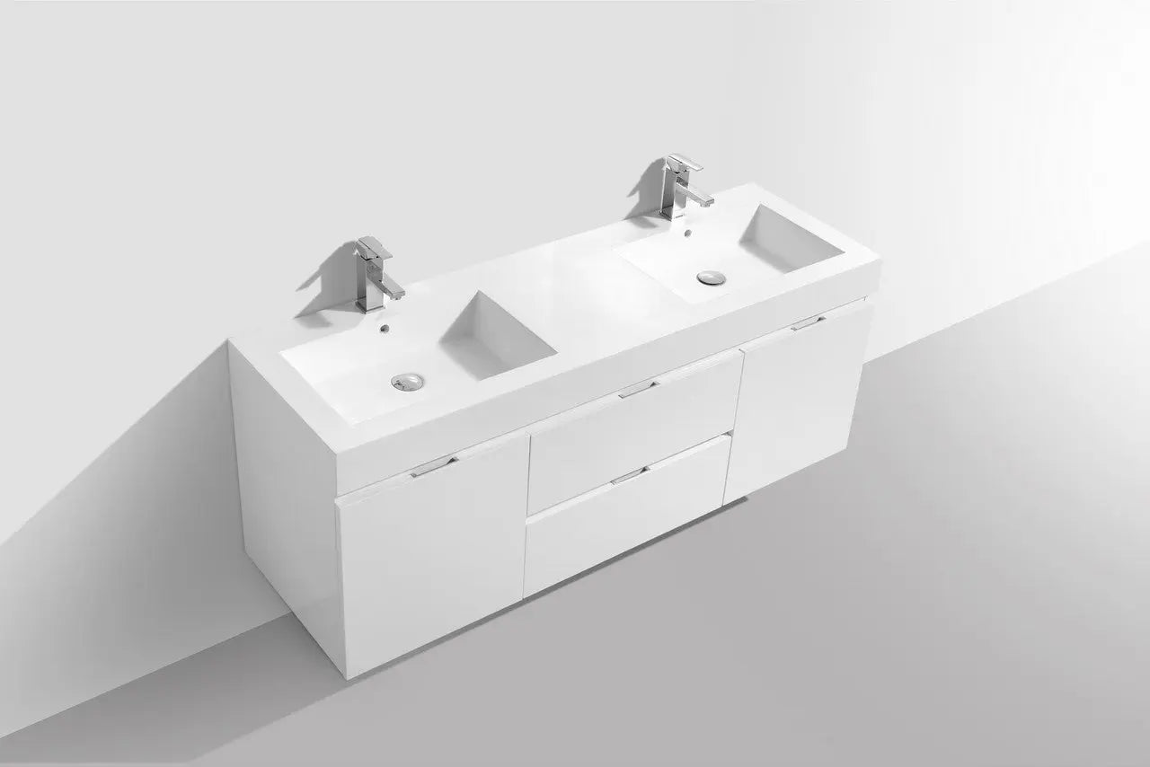 Kube Bath Bliss 60″ High Gloss White Wall Mount Double Sink Modern Bathroom Vanity - Plumbing Market