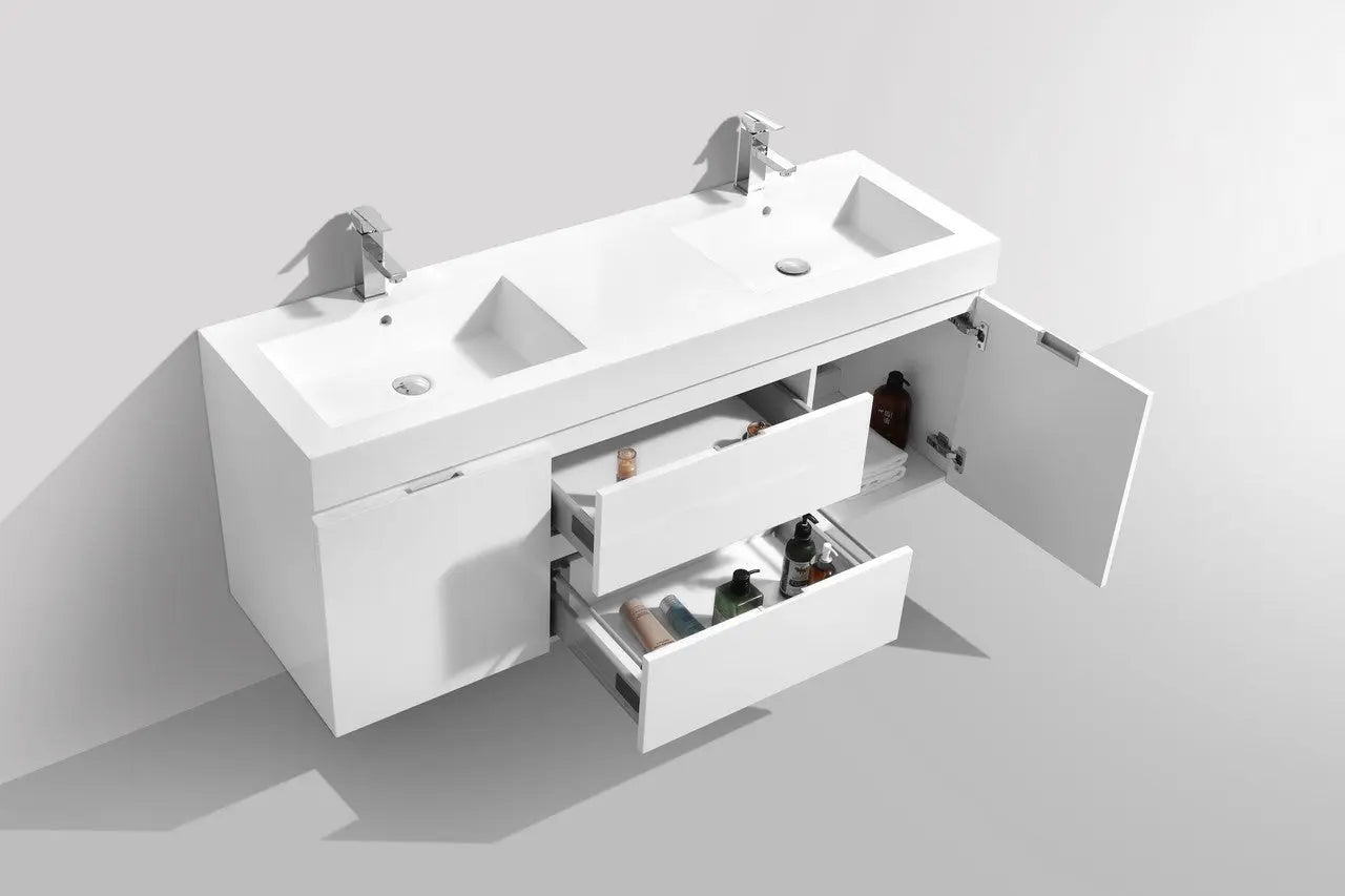 Kube Bath Bliss 60″ High Gloss White Wall Mount Double Sink Modern Bathroom Vanity - Plumbing Market