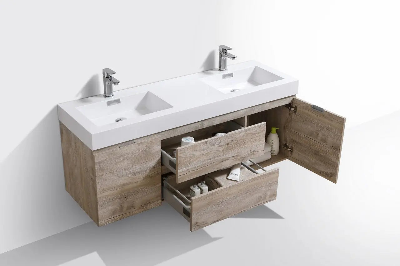 Kube Bath Bliss 60″ Nature Wood Wall Mount Double Sink Modern Bathroom Vanity - Plumbing Market