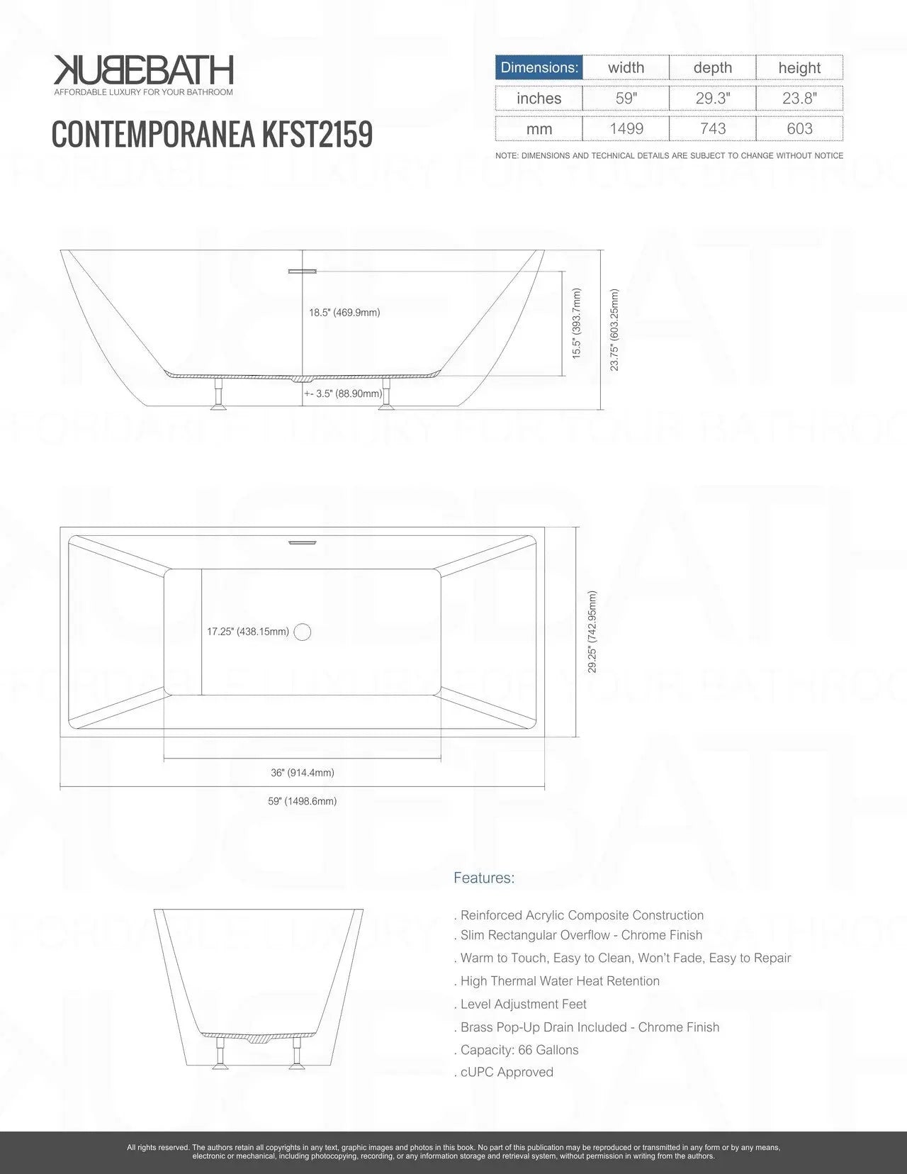 Kube Bath Contemporanea 59 Inch Free Standing Bathtub - Plumbing Market