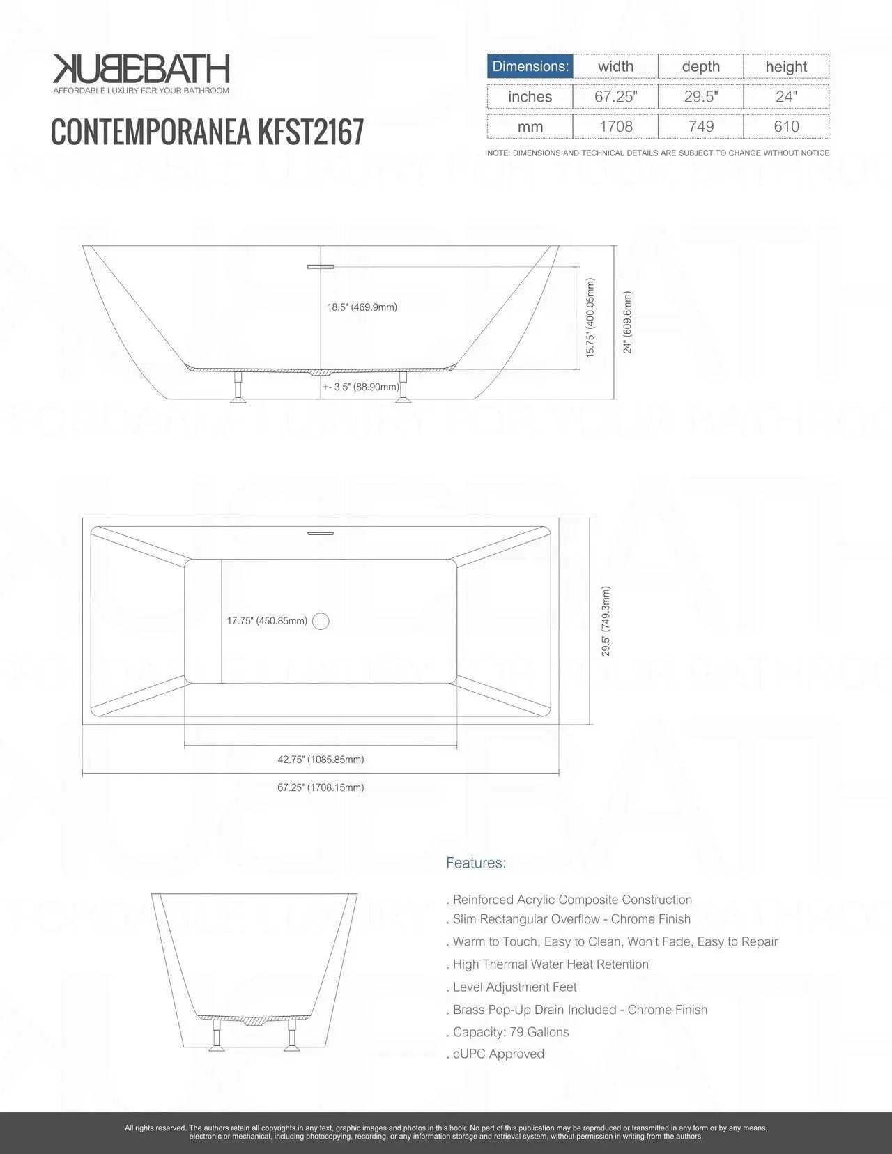 Kube Bath Contemporanea 67 Inch Free Standing Bathtub - Plumbing Market