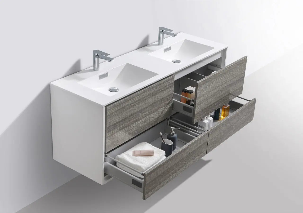 Kube Bath De Lusso 60″ Double Sink Ash Gray Wall Mount Modern Bathroom Vanity - Plumbing Market