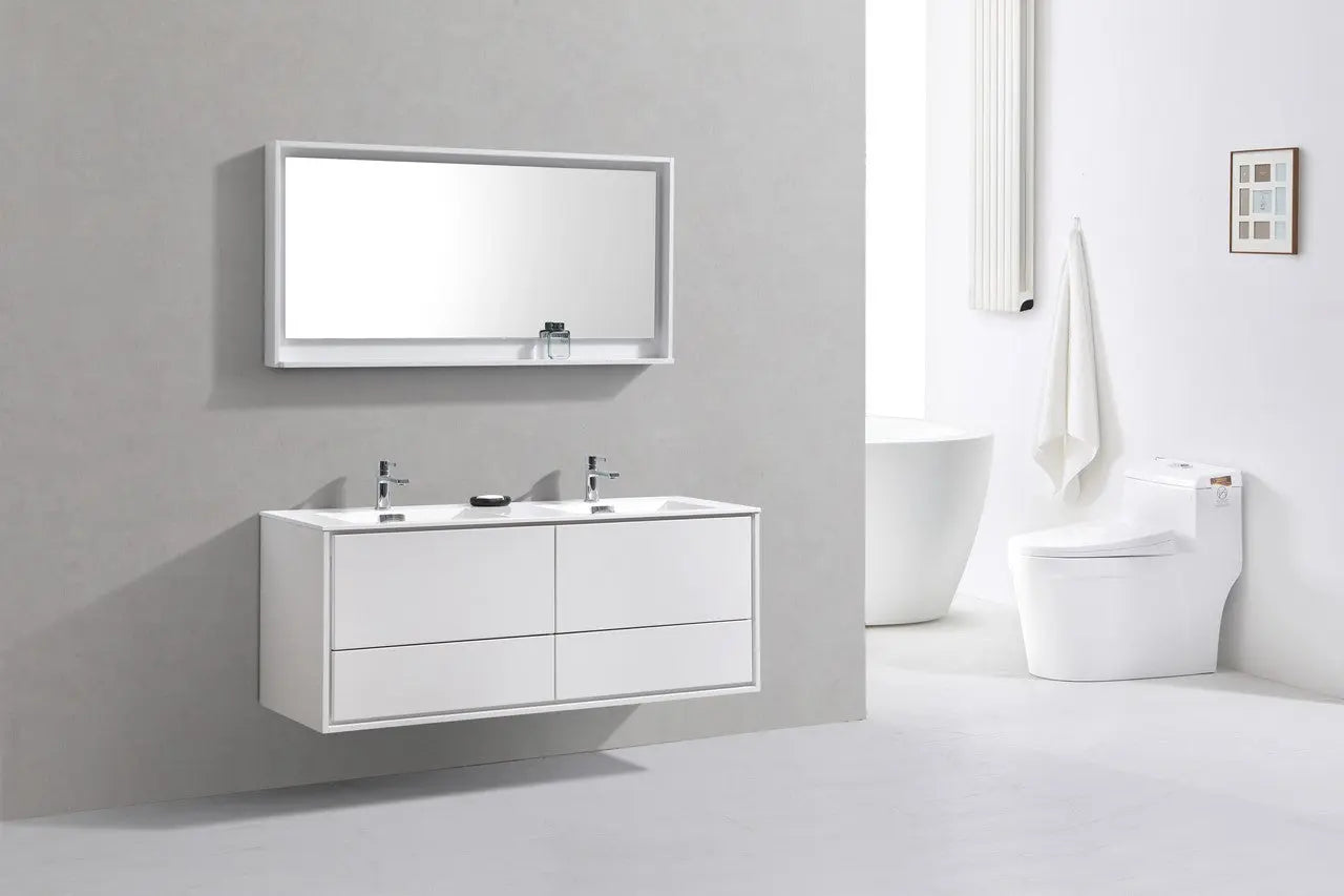 Kube Bath De Lusso 60″ Double Sink High Gloss White Wall Mount Modern Bathroom Vanity - Plumbing Market