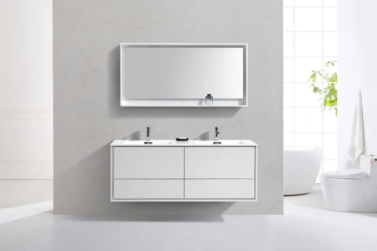Kube Bath De Lusso 60″ Double Sink High Gloss White Wall Mount Modern Bathroom Vanity - Plumbing Market