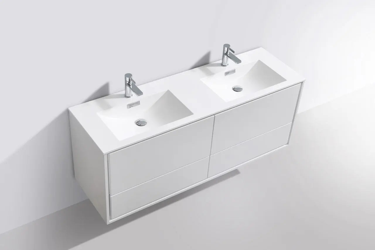 Kube Bath De Lusso 60″ Double Sink High Gloss White Wall Mount Modern Bathroom Vanity - Plumbing Market
