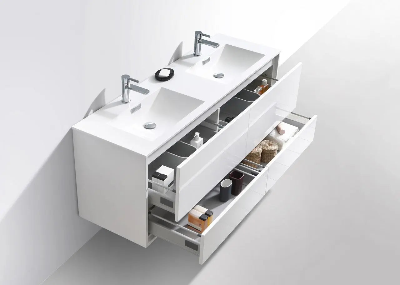 Kube Bath De Lusso 60″ Double Sink High Gloss White Wall Mount Modern Bathroom Vanity - Plumbing Market