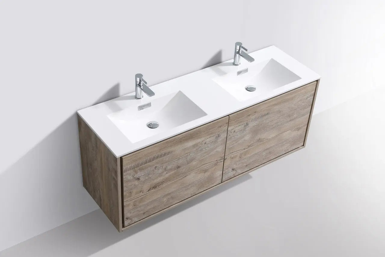 Kube Bath De Lusso 60″ Double Sink Nature Wood Wall Mount Modern Bathroom Vanity - Plumbing Market