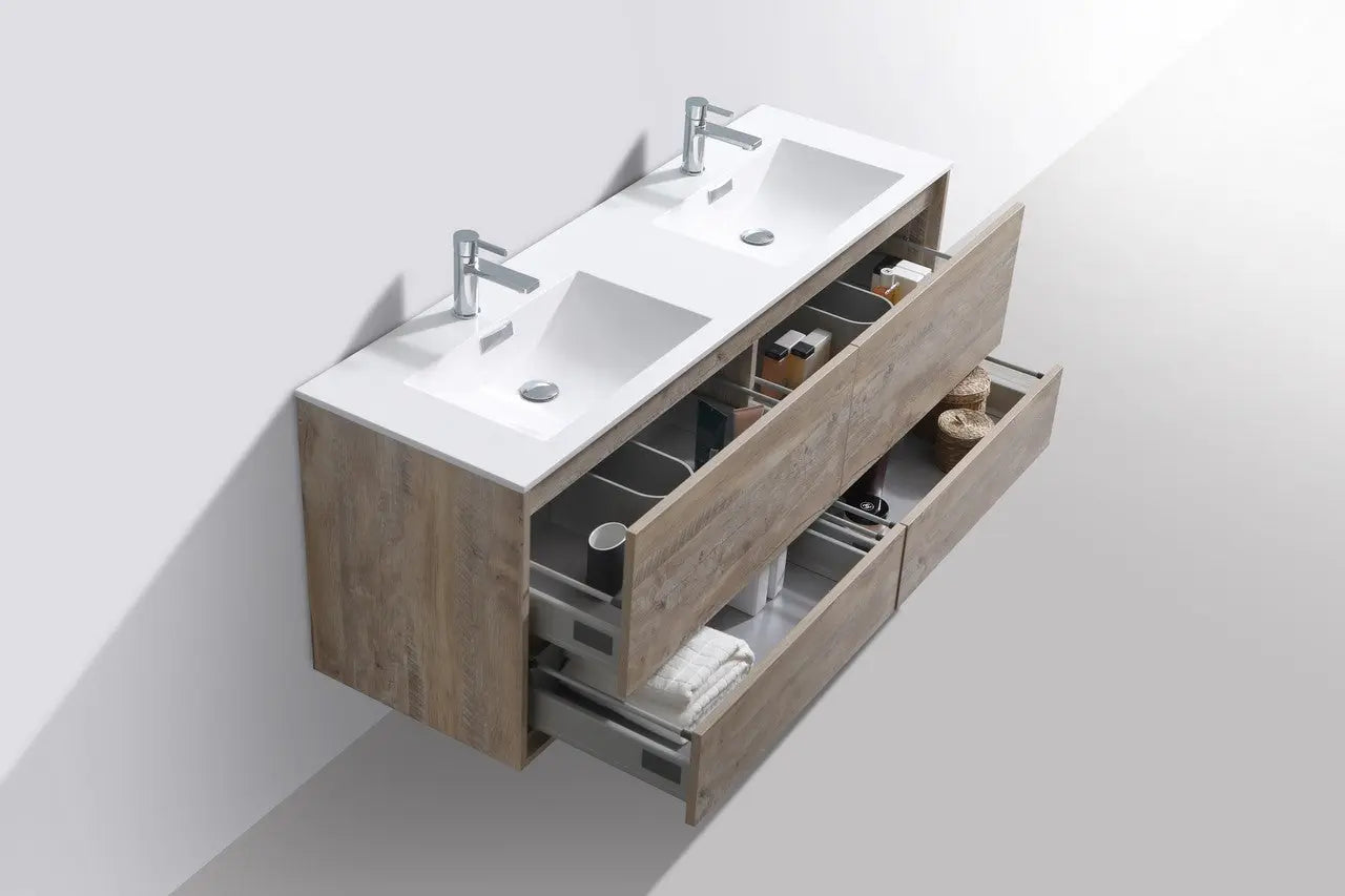 Kube Bath De Lusso 60″ Double Sink Nature Wood Wall Mount Modern Bathroom Vanity - Plumbing Market