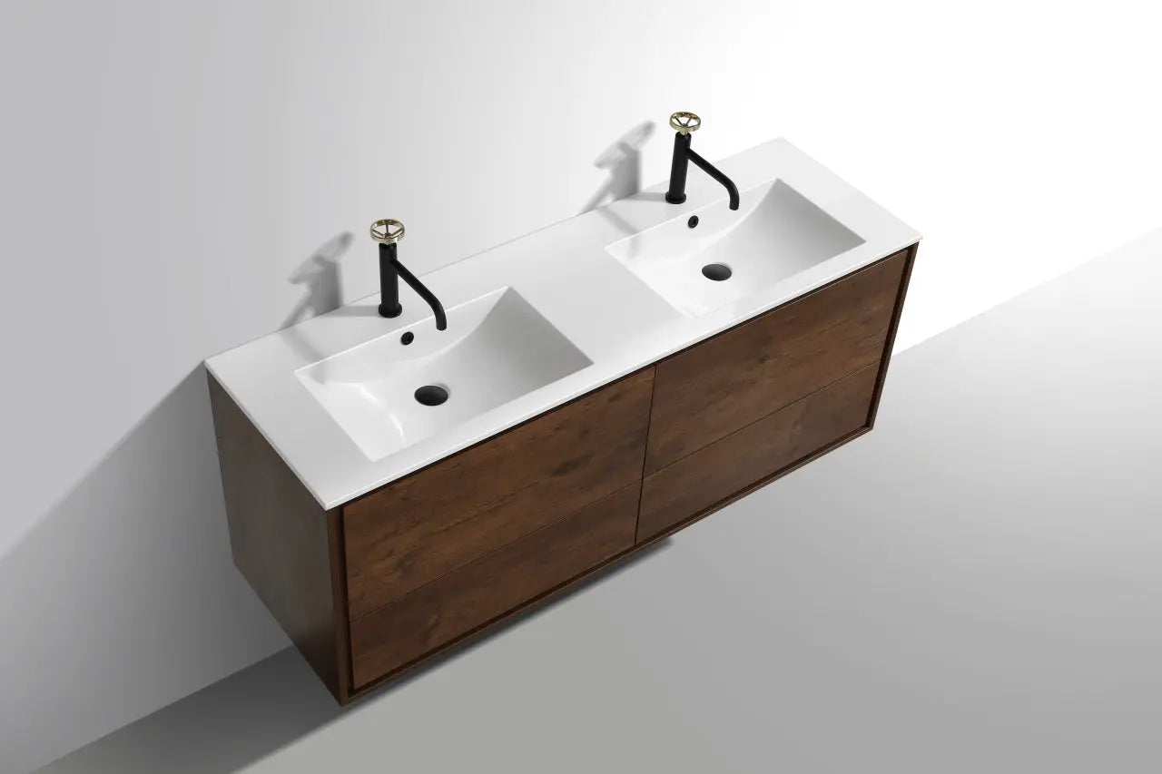 Kube Bath De Lusso 60″ Double Sink Rose Wood Wall Mount Modern Bathroom Vanity - Plumbing Market