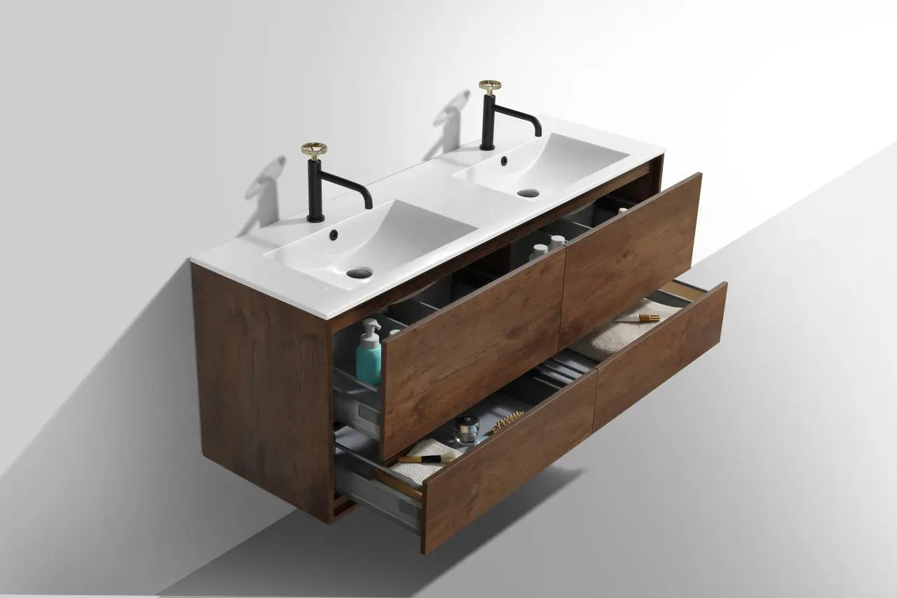 Kube Bath De Lusso 60″ Double Sink Rose Wood Wall Mount Modern Bathroom Vanity - Plumbing Market