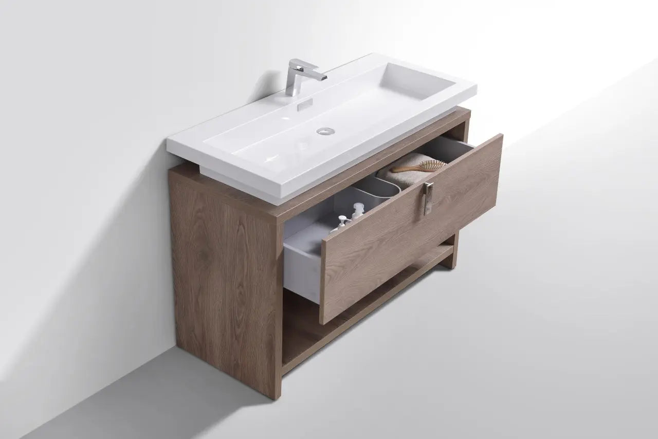 Kube Bath Levi 48″ Butternut Modern Bathroom Vanity W/ Cubby Hole - Plumbing Market