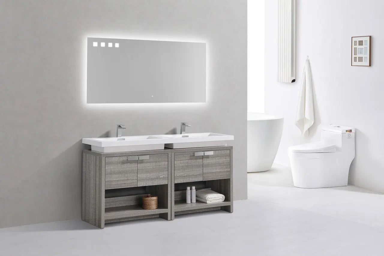 Kube Bath Levi 63″ Ash Gray Double Sink Modern Bathroom Vanity W/ Cubby Hole - Plumbing Market