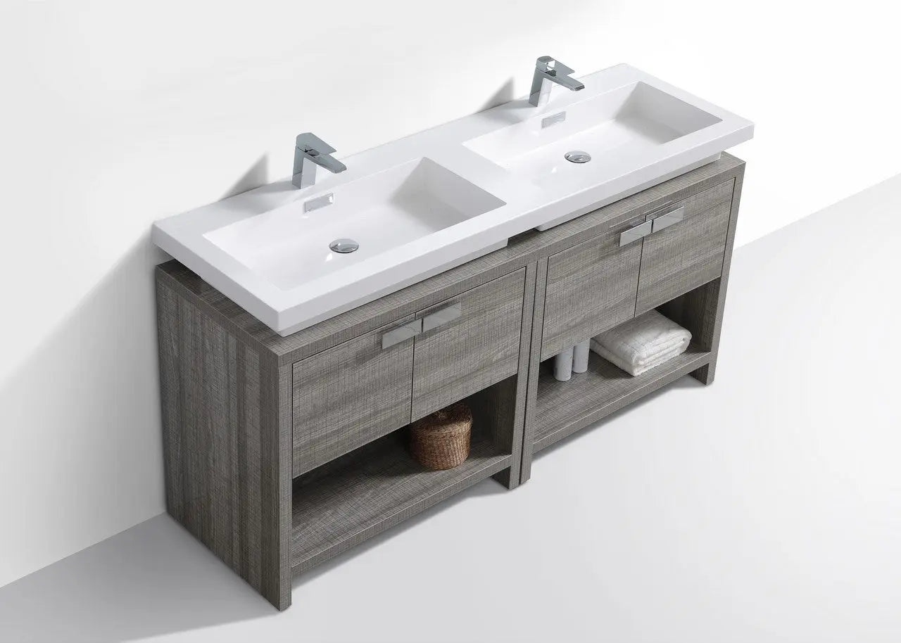 Kube Bath Levi 63″ Ash Gray Double Sink Modern Bathroom Vanity W/ Cubby Hole - Plumbing Market