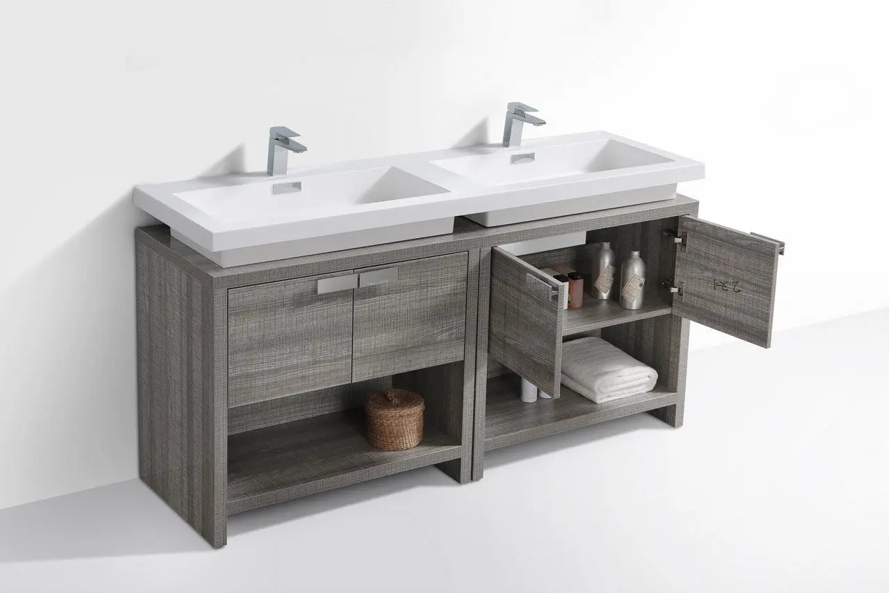 Kube Bath Levi 63″ Ash Gray Double Sink Modern Bathroom Vanity W/ Cubby Hole - Plumbing Market