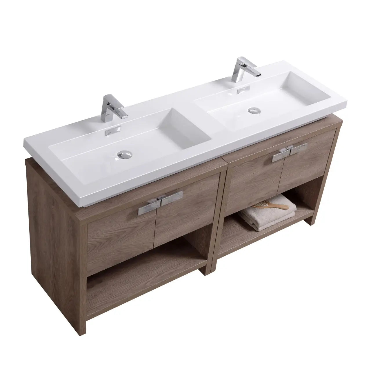 Kube Bath Levi 63″ Butternut Double Sink Modern Bathroom Vanity W/ Cubby Hole - Plumbing Market