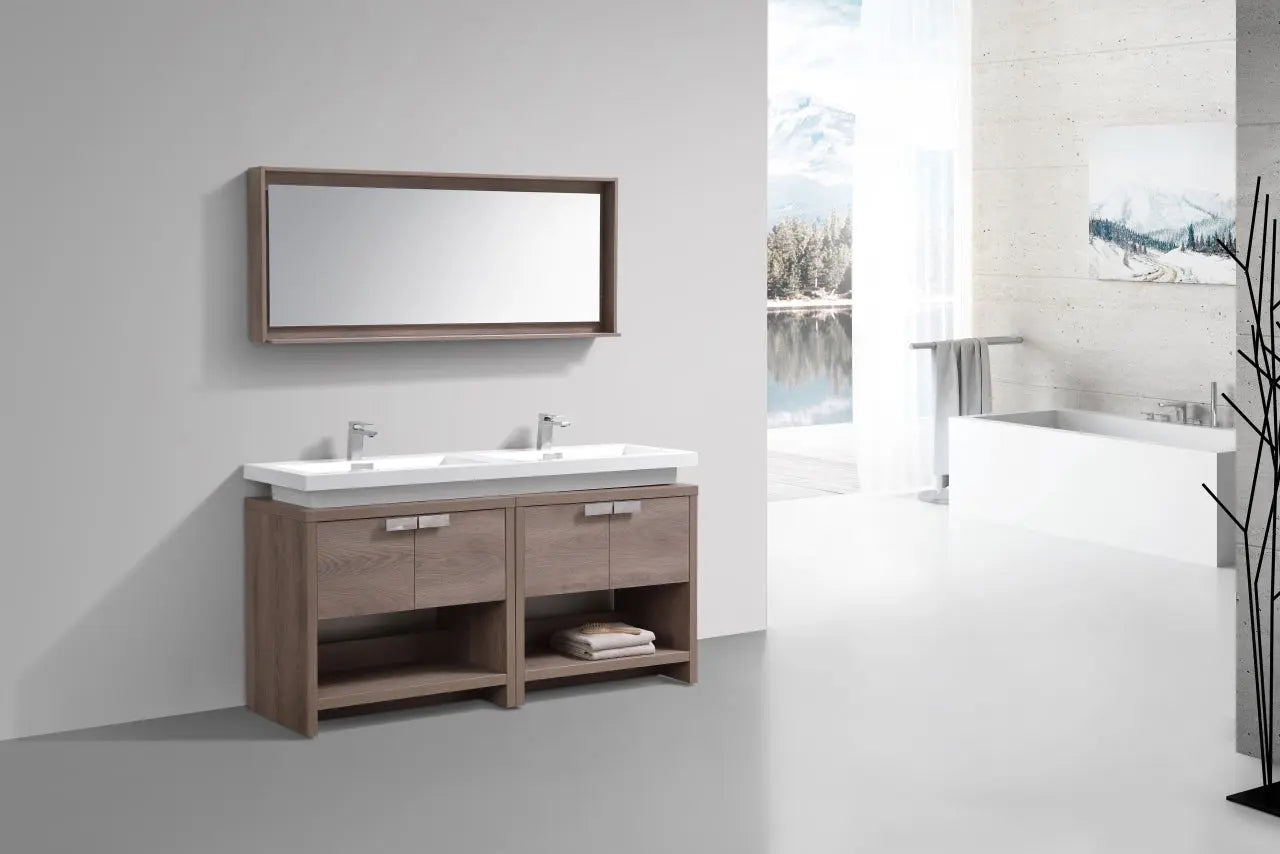 Kube Bath Levi 63″ Butternut Double Sink Modern Bathroom Vanity W/ Cubby Hole - Plumbing Market
