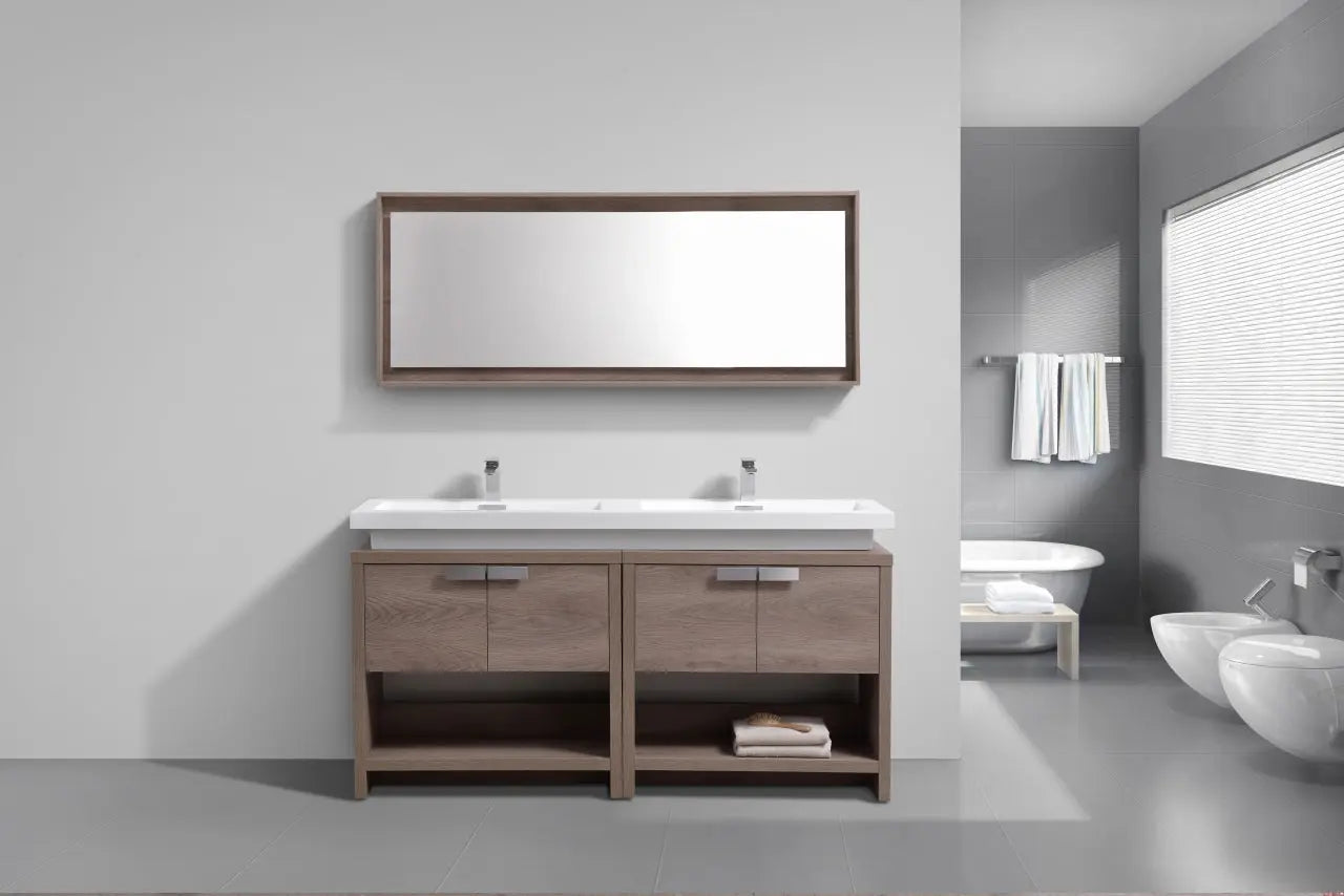 Kube Bath Levi 63″ Butternut Double Sink Modern Bathroom Vanity W/ Cubby Hole - Plumbing Market