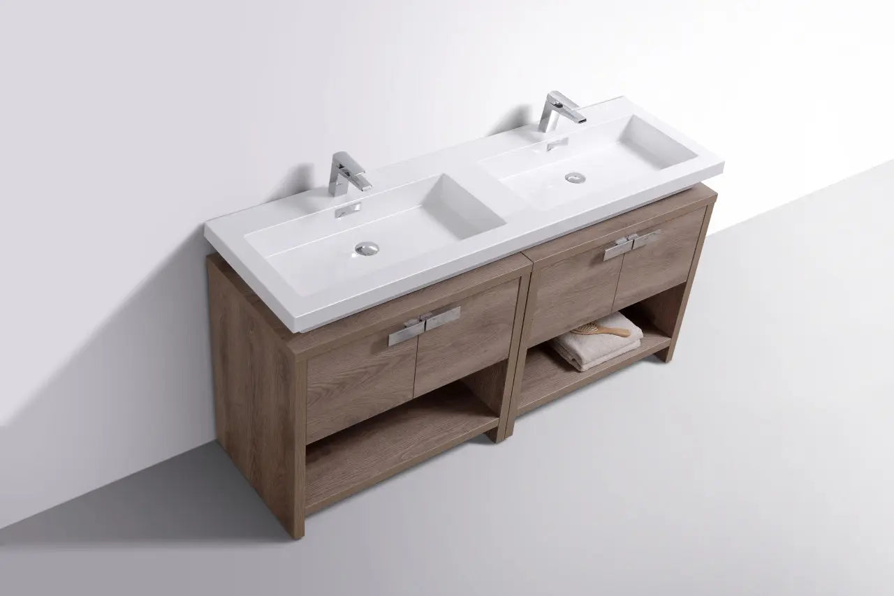 Kube Bath Levi 63″ Butternut Double Sink Modern Bathroom Vanity W/ Cubby Hole - Plumbing Market