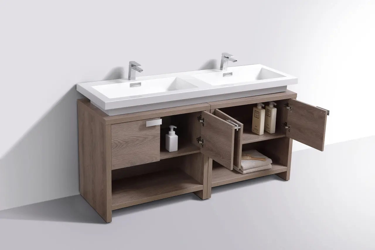 Kube Bath Levi 63″ Butternut Double Sink Modern Bathroom Vanity W/ Cubby Hole - Plumbing Market