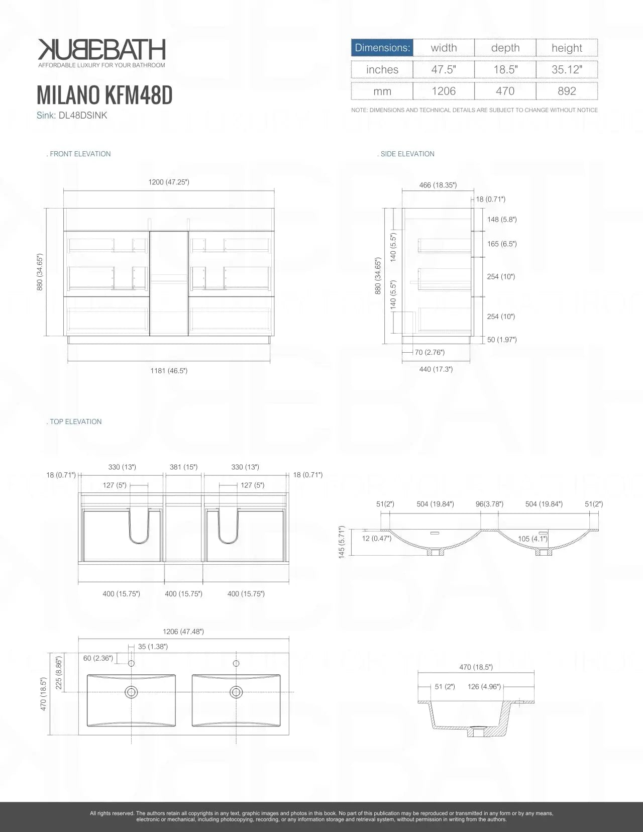 Kube Bath Milano 48″ Double Sink High Gloss White Floor Mount Modern Bathroom Vanity - Plumbing Market