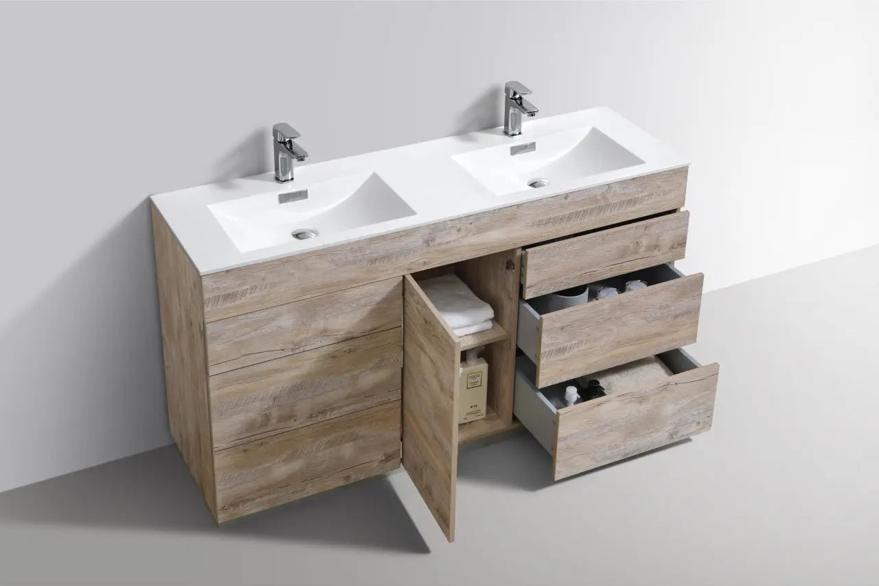 Kube Bath Milano 60″ Double Sink Nature Wood Floor Mount Modern Bathroom Vanity - Plumbing Market