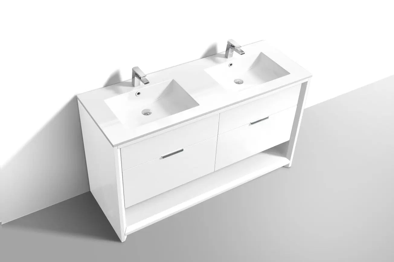 Kube Bath Nudo 60″ Double Sink Modern Bathroom Vanity in High Gloss White Finish - Plumbing Market