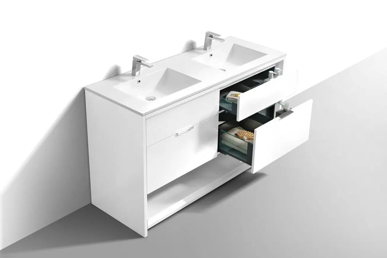 Kube Bath Nudo 60″ Double Sink Modern Bathroom Vanity in High Gloss White Finish - Plumbing Market