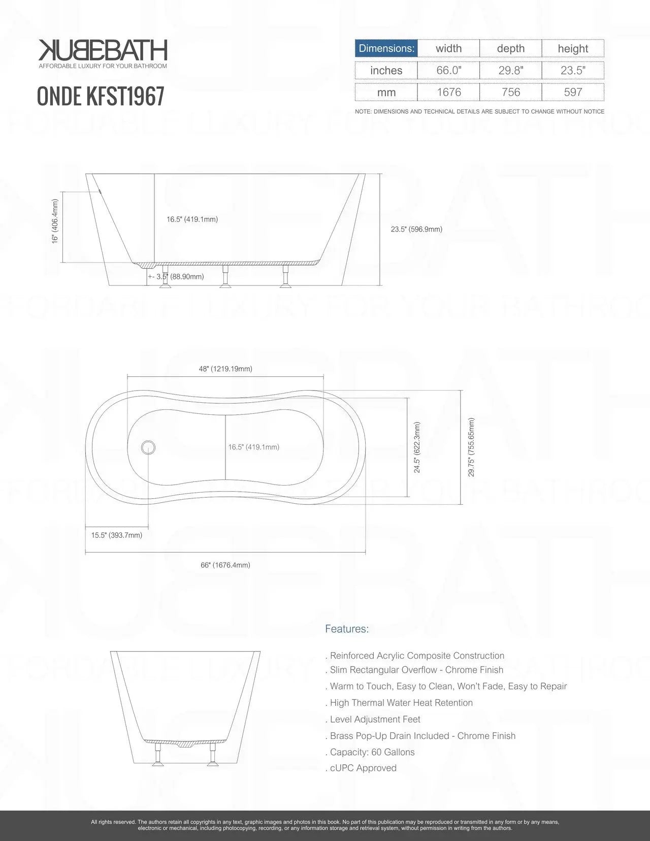 Kube Bath Onde 66 Inch Free Standing Bathtub - Plumbing Market