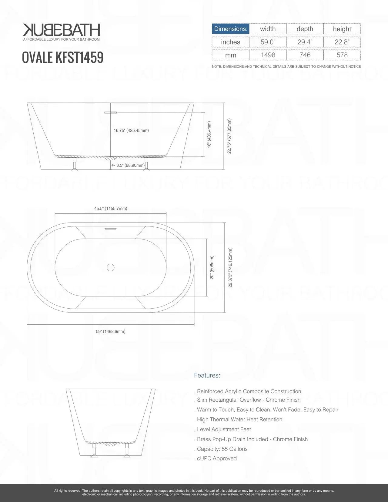 Kube Bath Ovale 59” White Free Standing Bathtub Kube Bath
