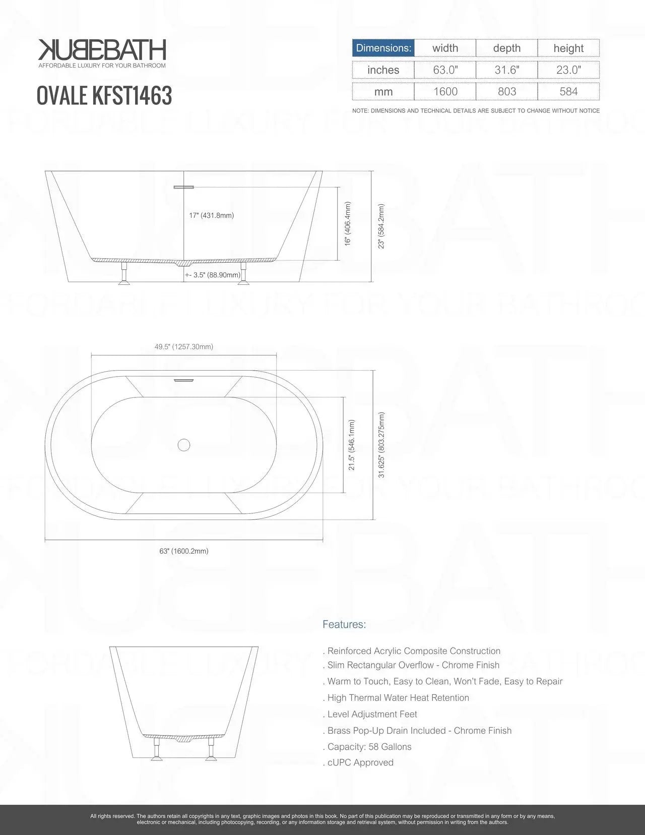 Kube Bath Ovale 63 Inch White Free Standing Bathtub - Plumbing Market