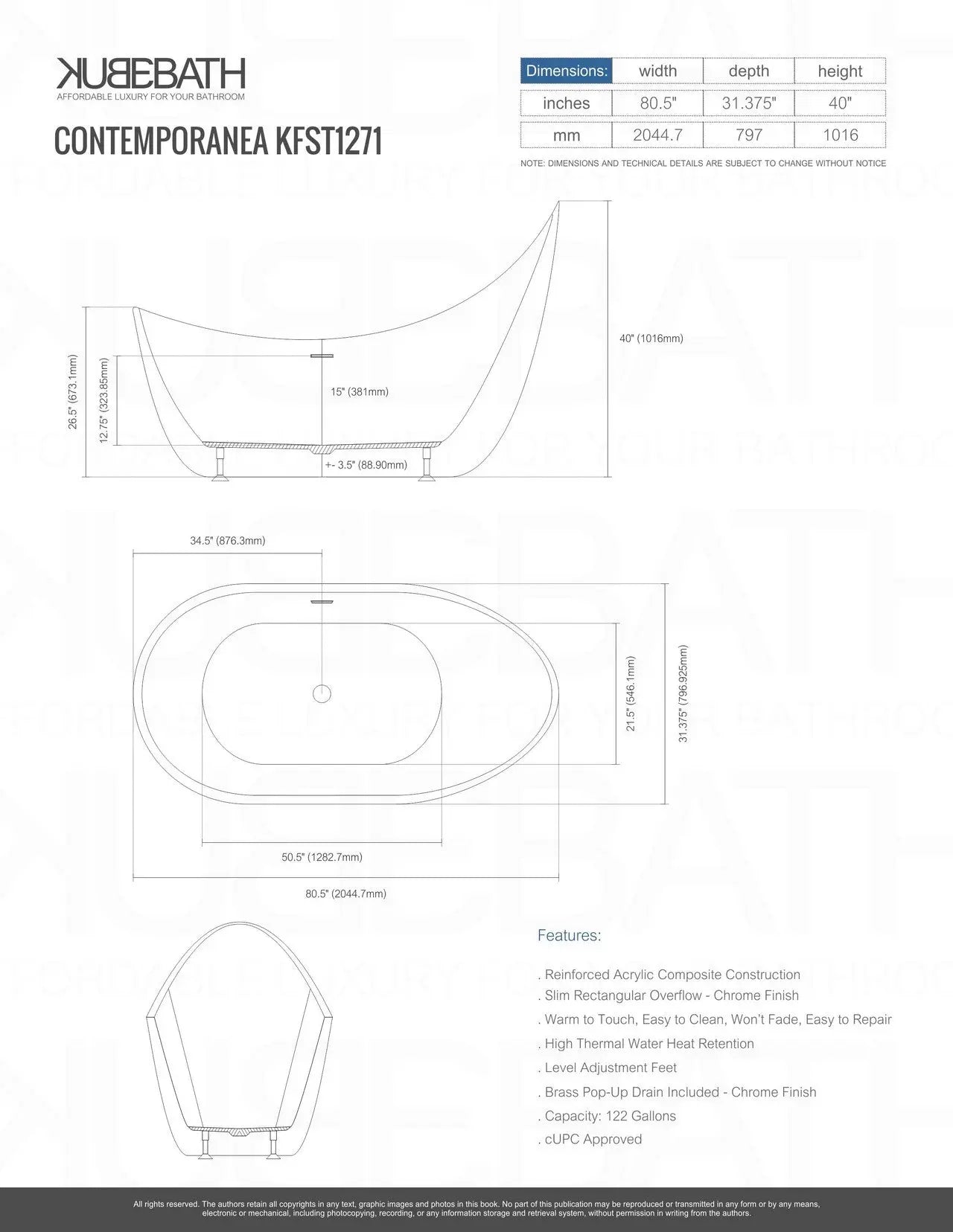 Kube Bath Salto 80.5″ Free Standing Bathtub W/ C Upc Approved White - Plumbing Market