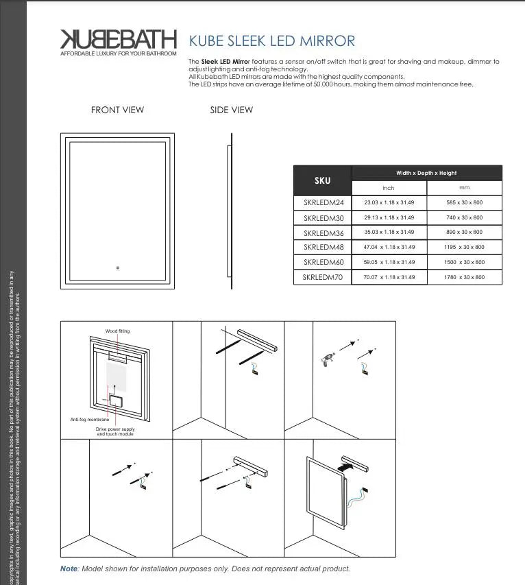 Kube Bath Sleek LED Mirror Anti Fog W Dimmer - Plumbing Market