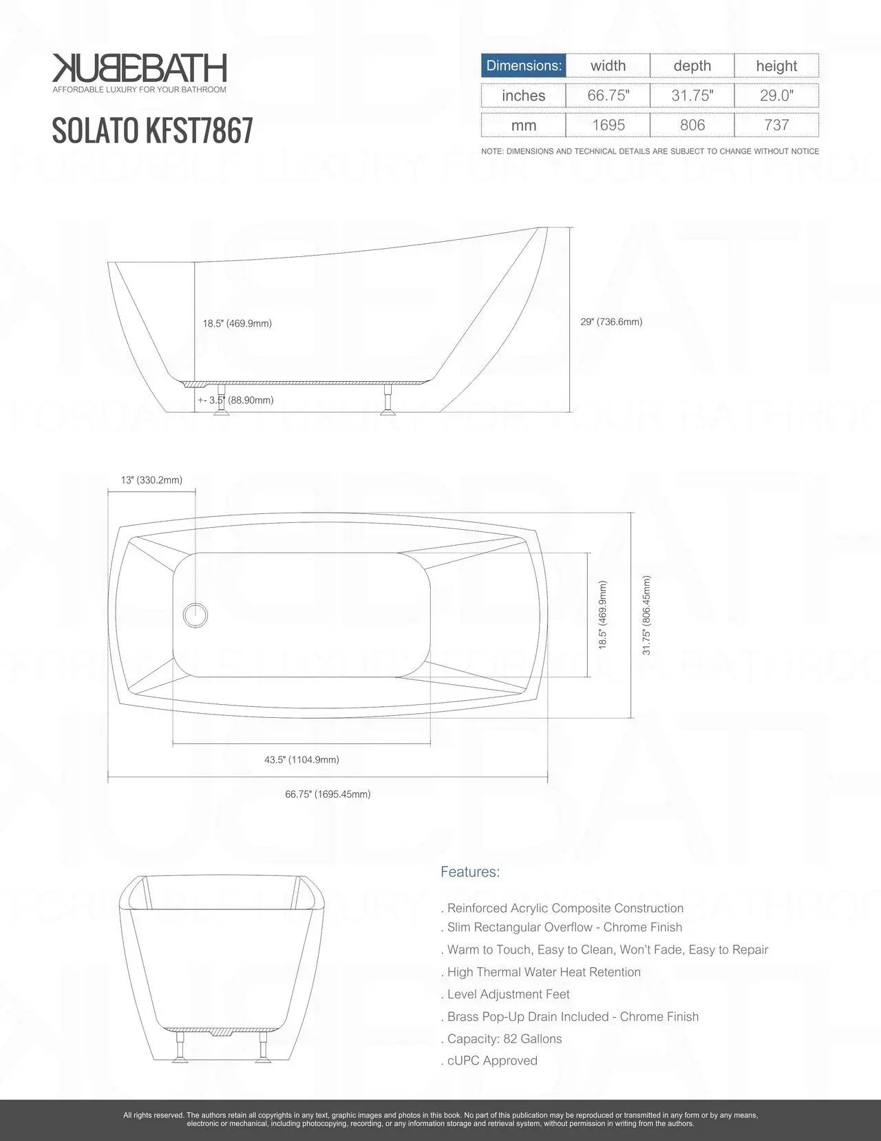 Kube Bath Solato 67 Inch Free Standing Bathtub - Plumbing Market