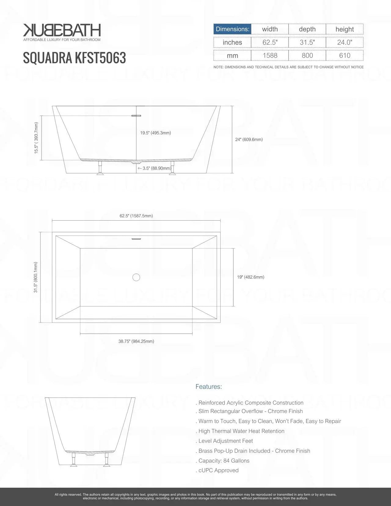 Kube Bath Squadra 63 Inch Free Standing Bathtub - White - Plumbing Market
