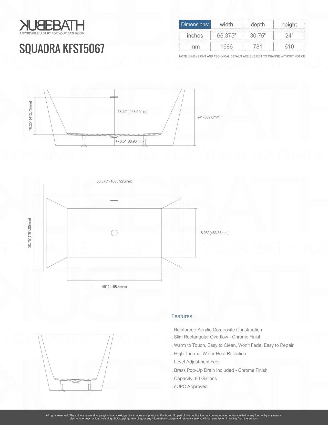Kube Bath Squadra 67 Inch Free Standing Bathtub White - Plumbing Market