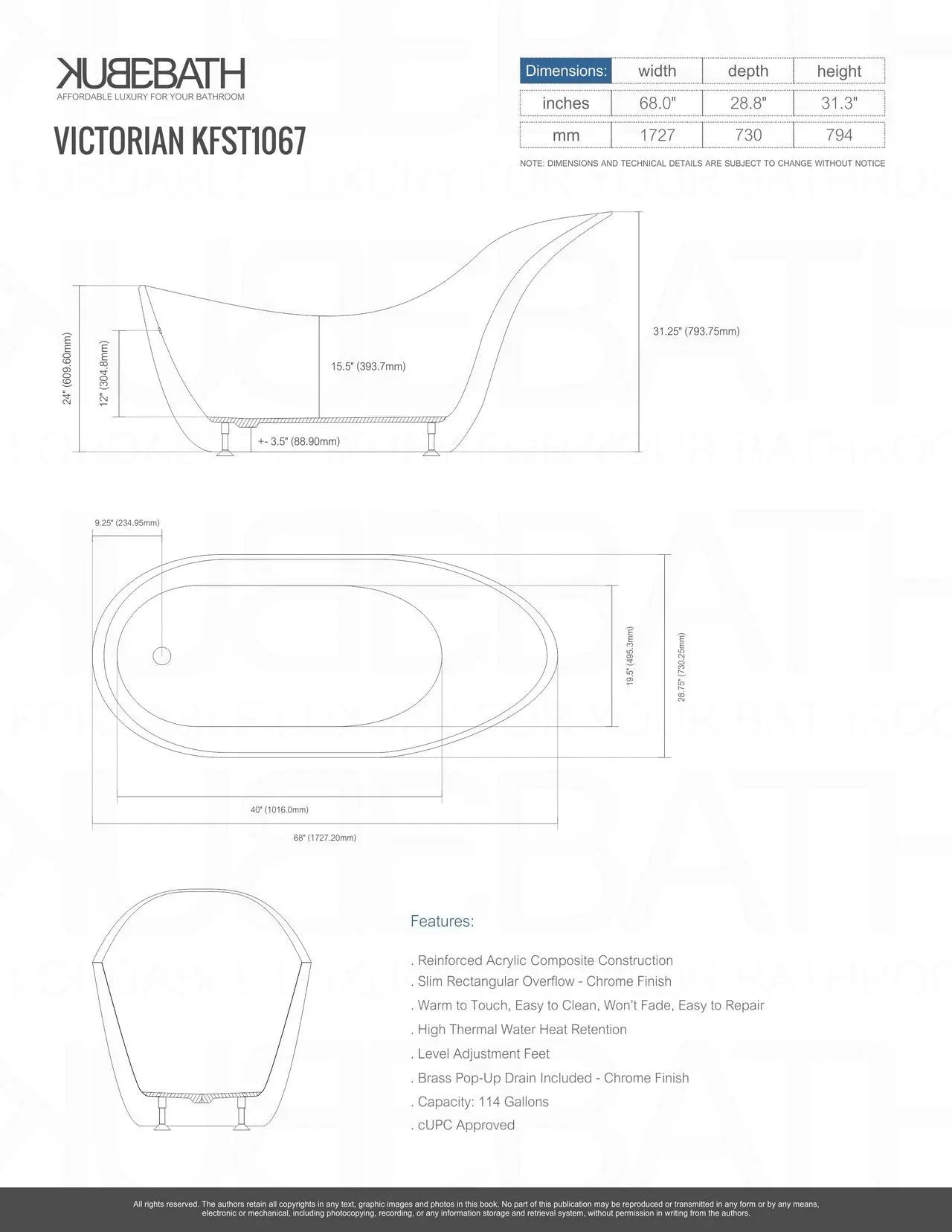 Kube Bath Victorian 68 Inch Free Standing Bathtub - Plumbing Market
