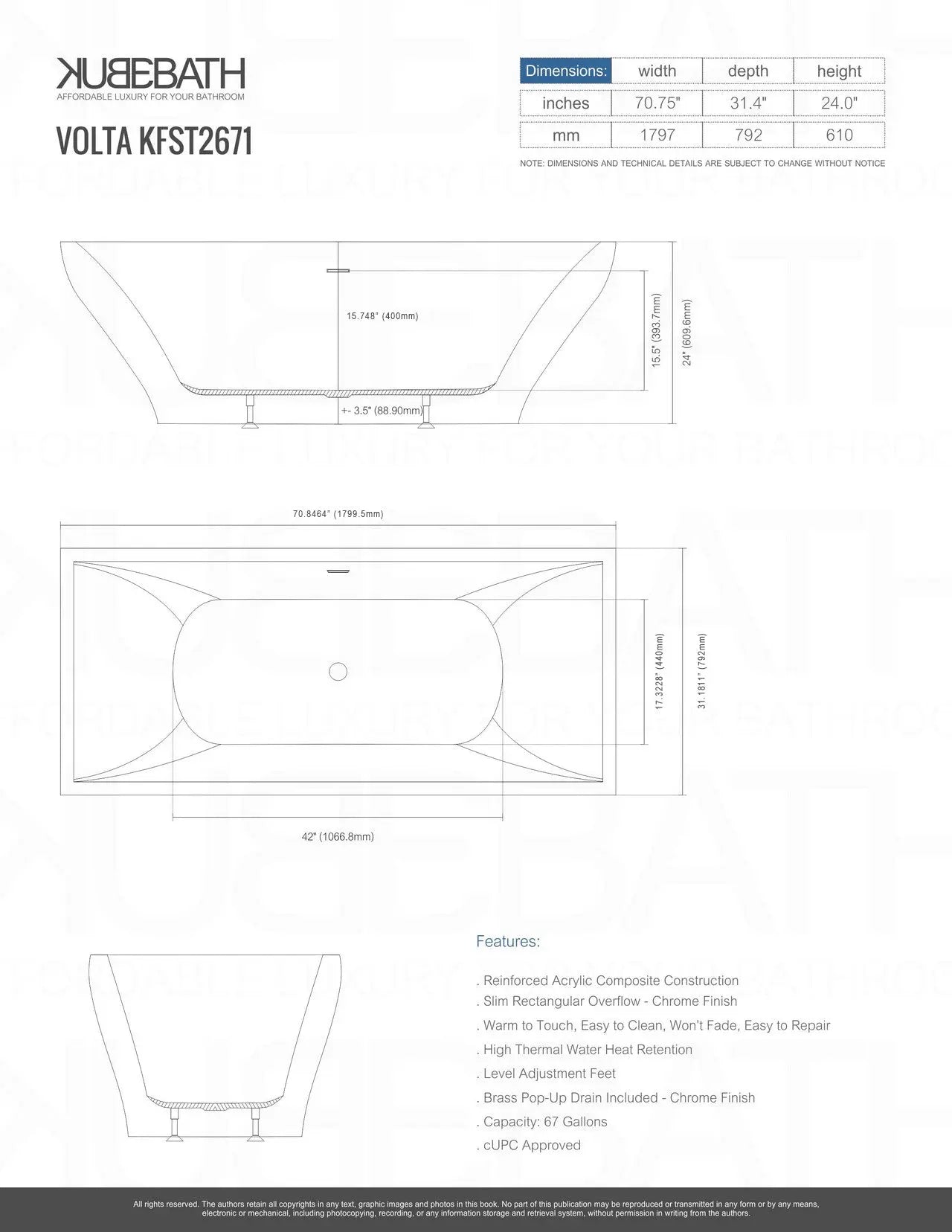 Kube Bath Volta 71 Inch Free Standing Bathtub White - Plumbing Market