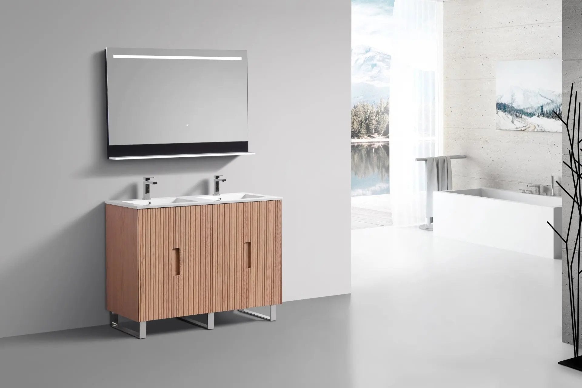 KubeBath 48” Fiore Double Sink Free Standing Bathroom Vanity Oakwood FSKSW48D - Plumbing Market