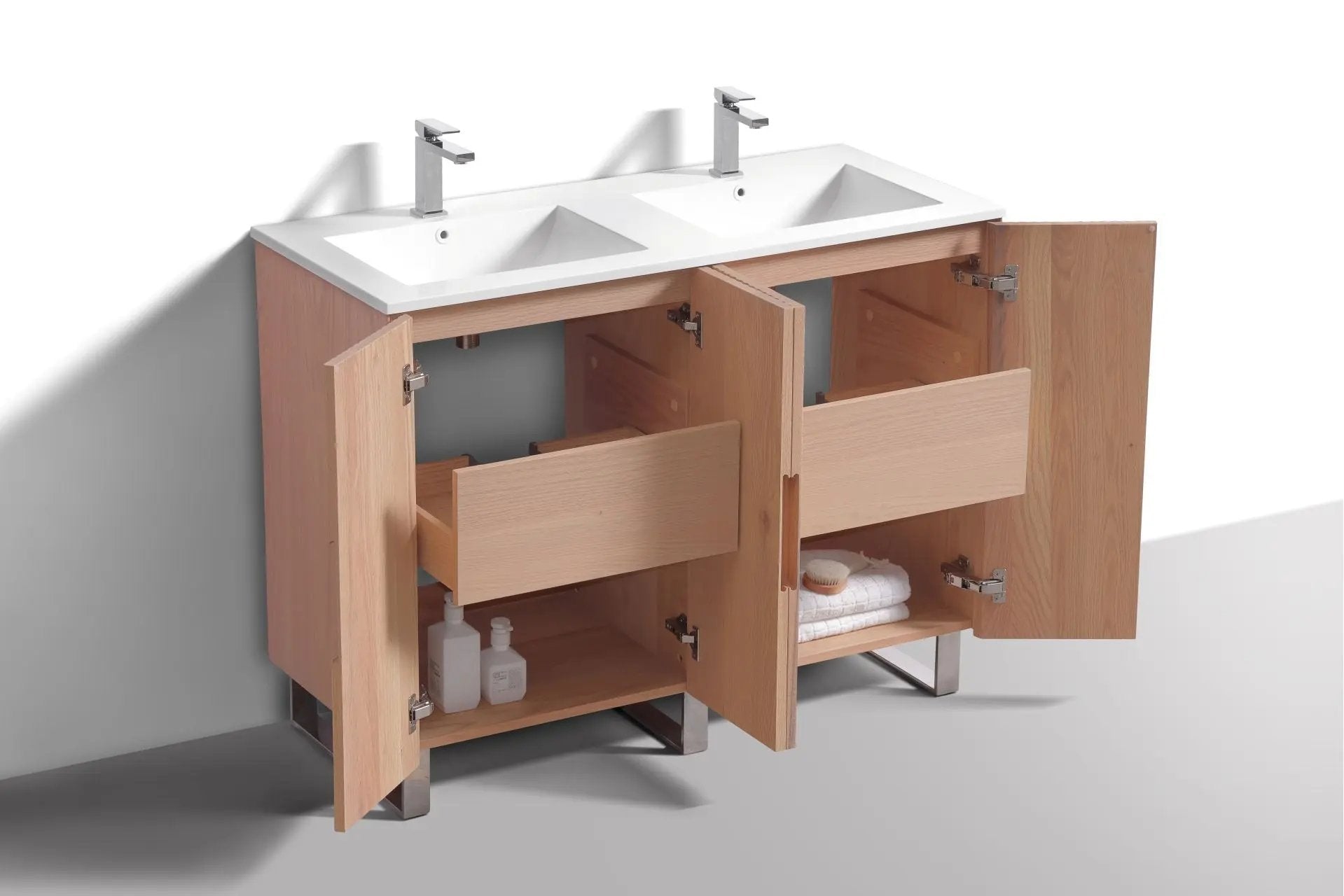 KubeBath 48” Fiore Double Sink Free Standing Bathroom Vanity Oakwood FSKSW48D - Plumbing Market