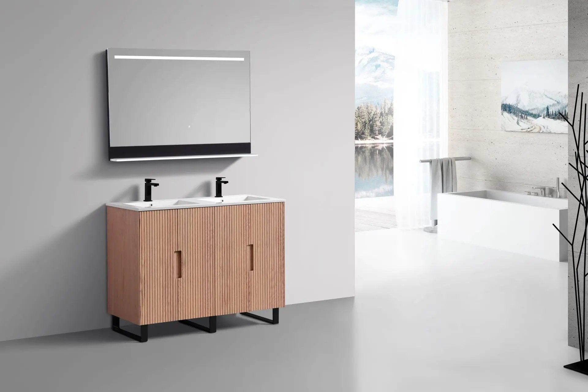 KubeBath 48” Fiore Double Sink Free Standing Bathroom Vanity Oakwood FSKSW48D - Plumbing Market