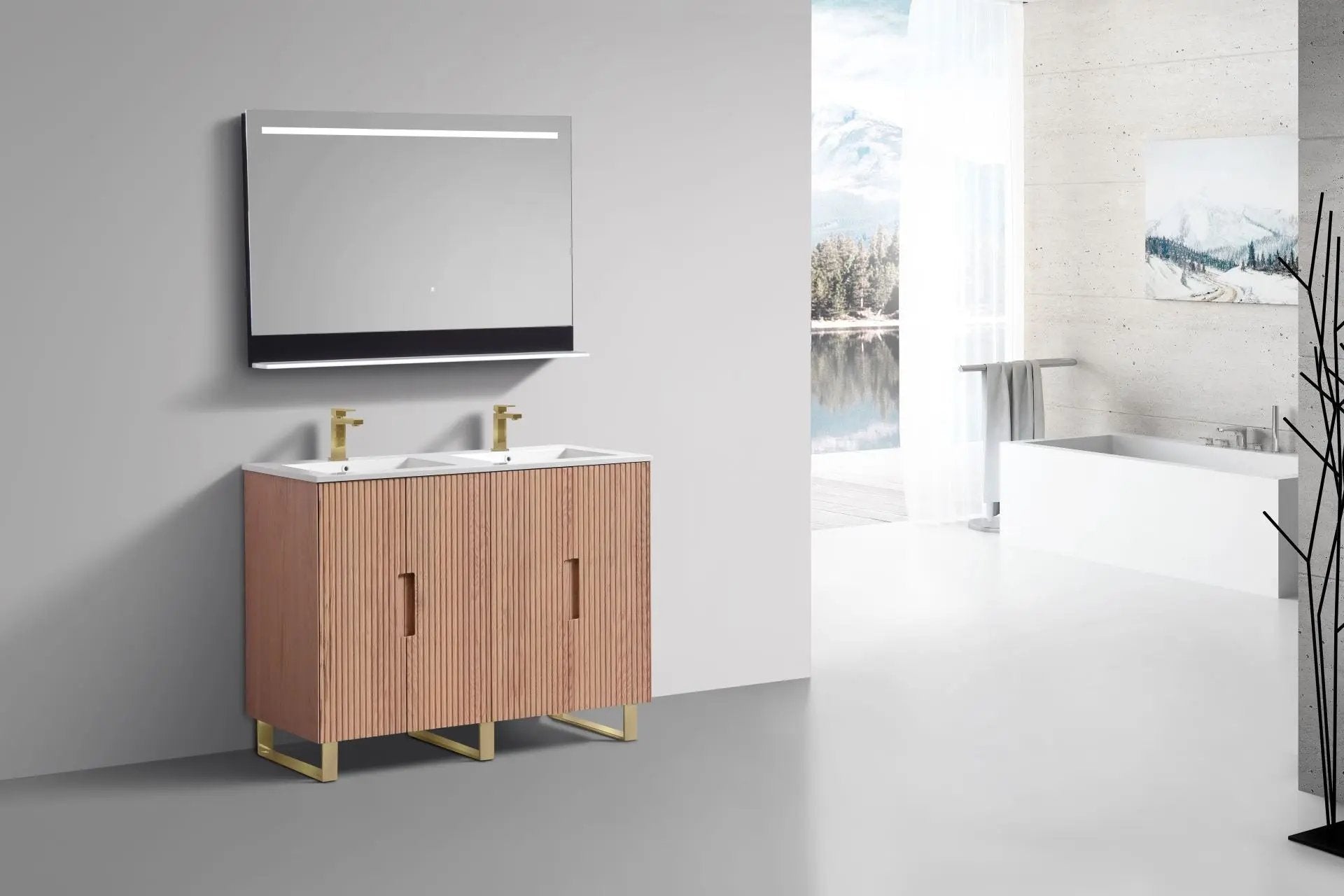 KubeBath 48” Fiore Double Sink Free Standing Bathroom Vanity Oakwood FSKSW48D - Plumbing Market