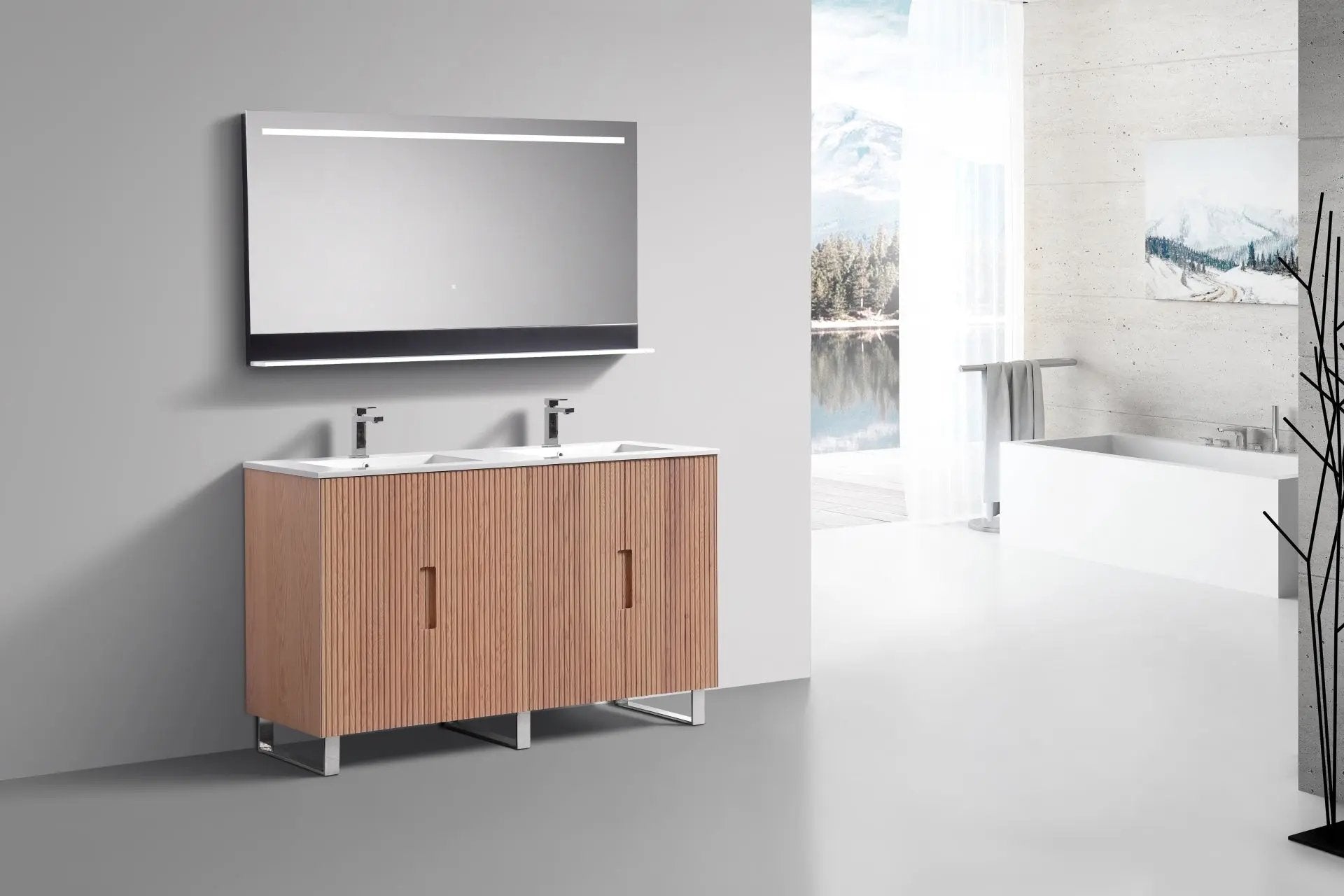 KubeBath 60” Fiore Double Sink Free Standing Bathroom Vanity Oakwood FSKSW60D - Plumbing Market