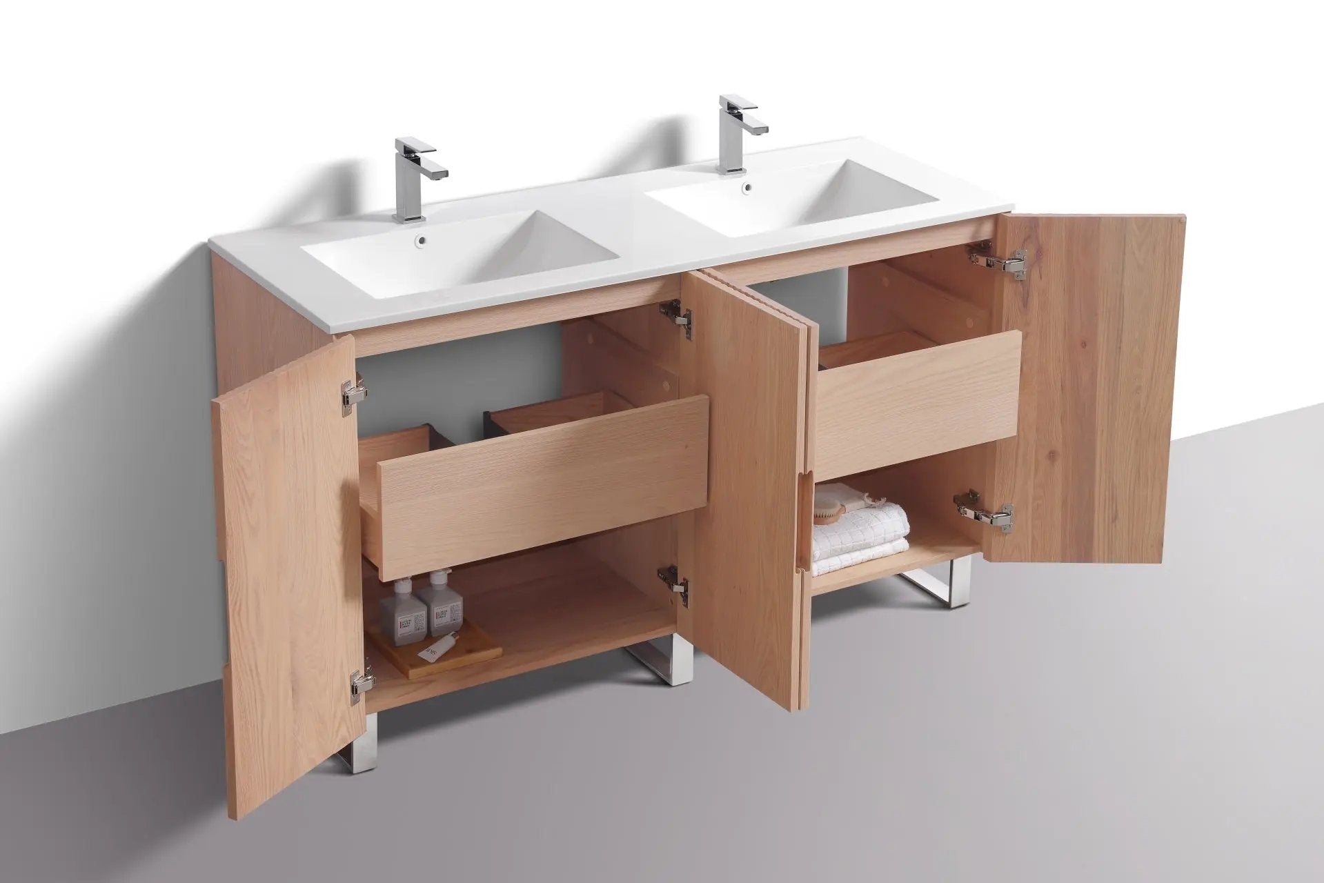 KubeBath 60” Fiore Double Sink Free Standing Bathroom Vanity Oakwood FSKSW60D - Plumbing Market