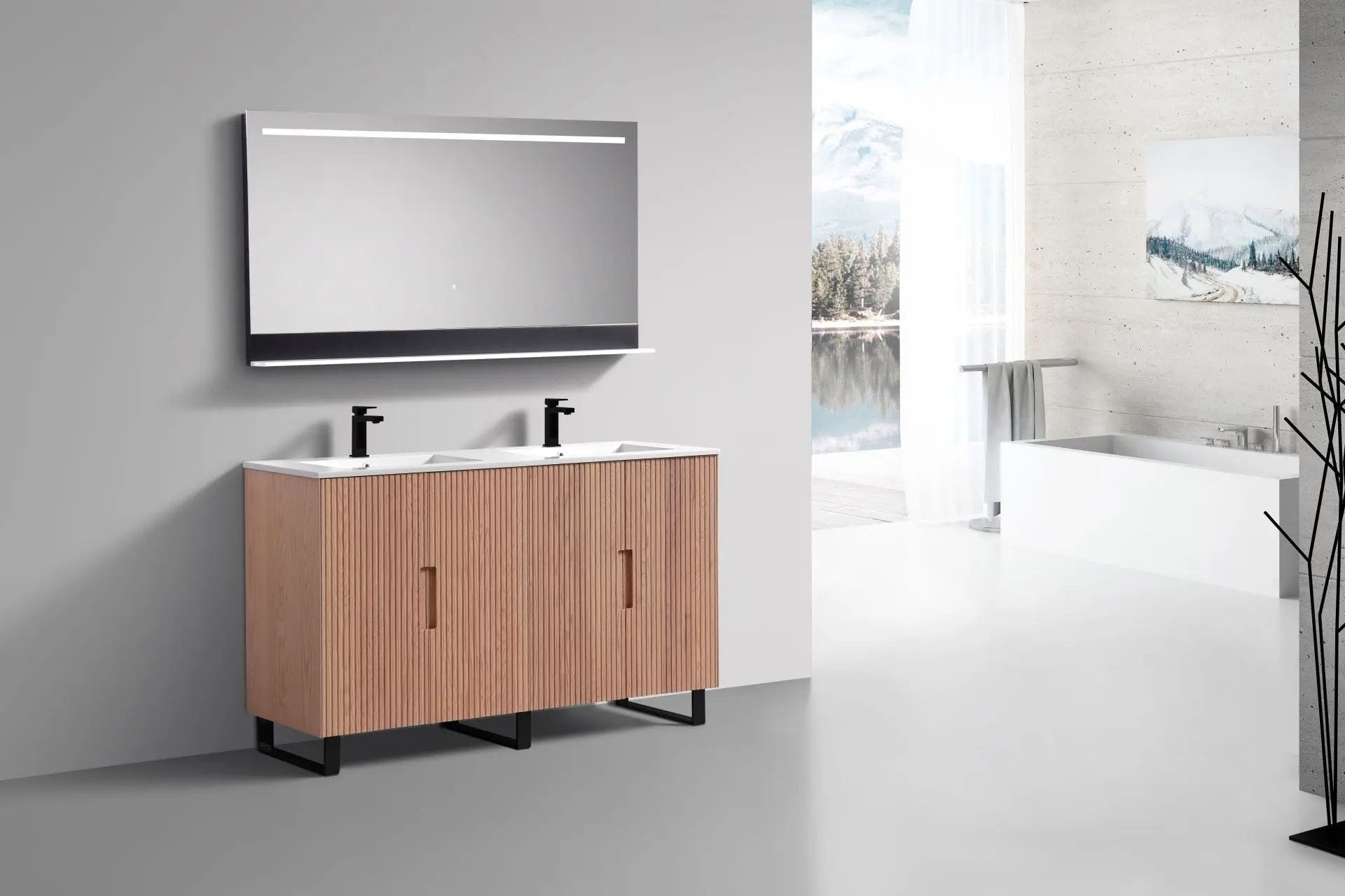 KubeBath 60” Fiore Double Sink Free Standing Bathroom Vanity Oakwood FSKSW60D - Plumbing Market