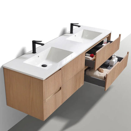 KubeBath 71.2” Fiore Modern Wall Mount Double Sink Bathroom Vanity – Oakwood - Plumbing Market